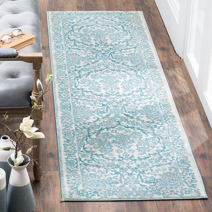 SAFAVIEH Evoke Collection 2'2" x 11' Ivory / Light Blue EVK242C Non-Shedding Living Room Bedroom Runner Rug