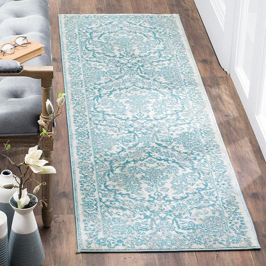 SAFAVIEH Evoke Collection 2'2" x 11' Ivory / Light Blue EVK242C Non-Shedding Living Room Bedroom Runner Rug