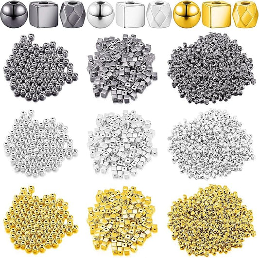 Yaomiao 3000 Pieces Spacer Beads Set Friendship Bracelet Kit Bracelet Beads Assorted Round Cube Column Gold Sliver Beads for Bracelet Jewelry Making(Gold, Sliver, Black)