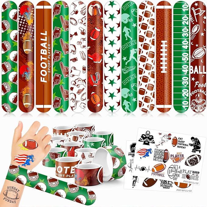 48PCS Football Party Favors - 24PCS Temporary Tattoos & 24PCS Slap Bracelets - American Rugby Themed Birthday Supplies, Decorations, Gifts, Classroom Prizes for Kids, Boys & Cheerleaders