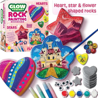 Heart, Flower & Star Shaped Rocks - Glow in The Dark Rock Painting Kit for Kids - Arts & Crafts Toys for Kids Ages 6-12 - Valentines Day Craft Kits - Birthday Gifts for 6 7 8 9 10 11 12 Year Old Girls