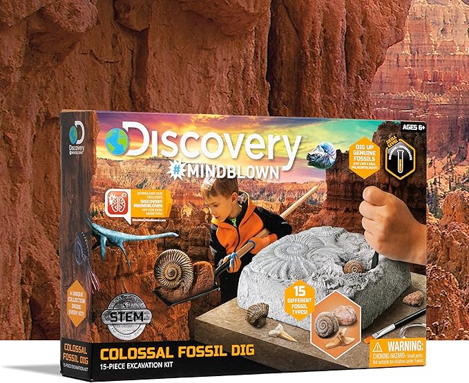 Discovery #MINDBLOWN Colossal Fossil Dig Set, 15-Piece Archeology Excavation Kit, Uncover Real Shark Teeth & More, Every Fossil Set is Unique, STEM Toys for Boys and Girls