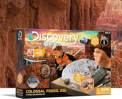 Discovery #MINDBLOWN Colossal Fossil Dig Set, 15-Piece Archeology Excavation Kit, Uncover Real Shark Teeth & More, Every Fossil Set is Unique, STEM Toys for Boys and Girls
