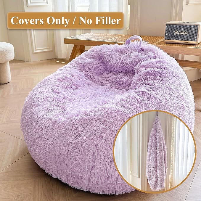 XeGe Faux Fur Comfy Bean Bag Cover for Living Room(No Filler), Fluffy Stuffed Animal Storage Bean Bag Chair Cover Light Purple, Furry Fuzzy Bean Bag Cover for Adults Kids Girls, Anti-Slip, Lavender