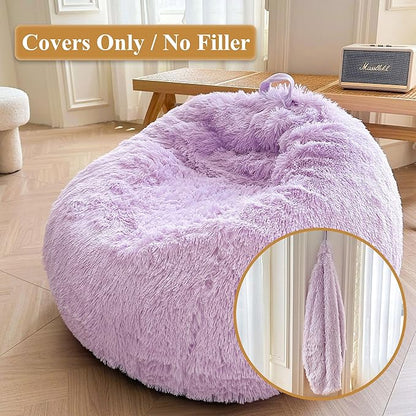 XeGe Faux Fur Comfy Bean Bag Cover for Living Room(No Filler), Fluffy Stuffed Animal Storage Bean Bag Chair Cover Light Purple, Furry Fuzzy Bean Bag Cover for Adults Kids Girls, Anti-Slip, Lavender