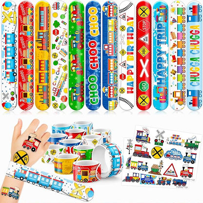 48PCS Train Party Favors - 24PCS Tattoos & 24PCS Slap Bracelets - Train-Themed Birthday Supplies, Decorations, Classroom Prizes, Carnival Rewards, Gifts for Boys & Girls
