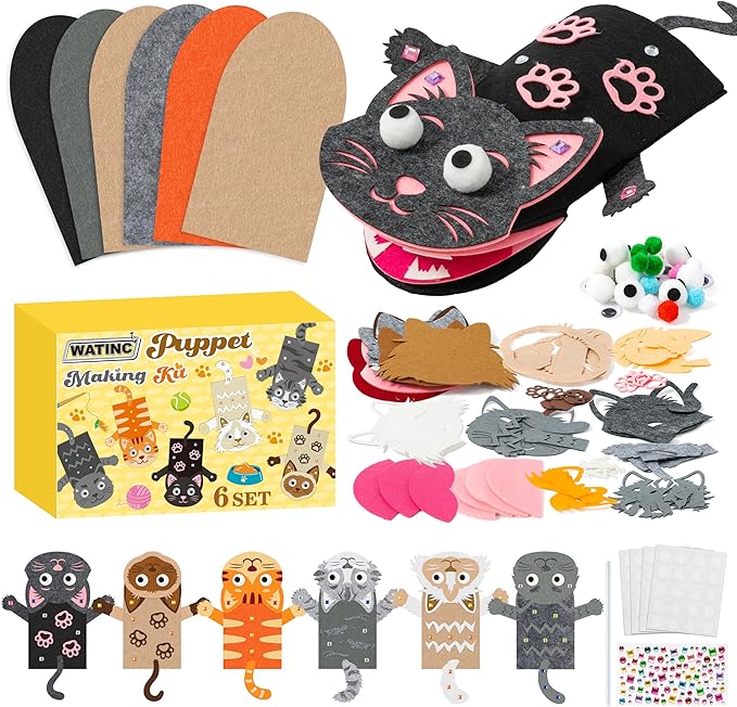 WATINC 6Pcs Hand Puppet Making Kit, Art Craft Felt Sock Puppet Toys, Creative DIY Make Your Own Pompoms Wiggle Googly Eyes Storytelling Role Play Party Supplies Gift for Girls Boys (Cat A)