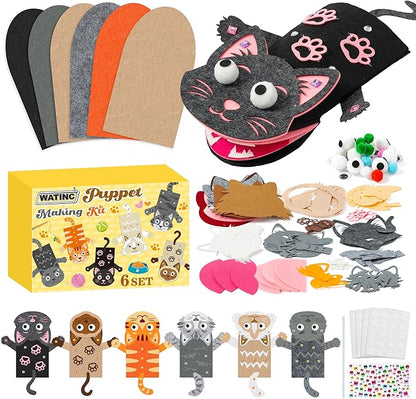 WATINC 6Pcs Hand Puppet Making Kit, Art Craft Felt Sock Puppet Toys, Creative DIY Make Your Own Pompoms Wiggle Googly Eyes Storytelling Role Play Party Supplies Gift for Girls Boys (Cat A)