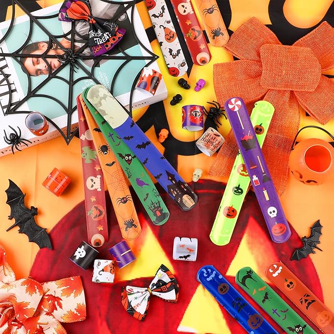 JUNEBRUSHS 56 PCS Halloween Slap Bracelets Halloween Party Favors Snap Bracelets Bulk Halloween Toys for Kids Girls Boys Birthday Party Supplies