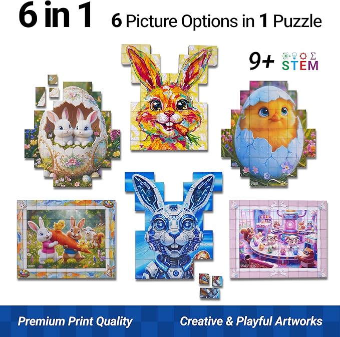TOSY Picture Cube Bunny Friends: 6-in-1 Magnetic Picture Puzzle, Easter Basket Stuffers STEM Gift for Kids & Adults, 80 Blocks, 488 Faces/Magnets, 0.6in, B011, Seamless UV Art, Display-Ready Frame