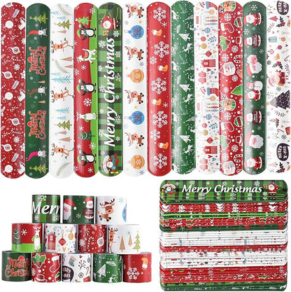 48PCS Christmas Slap Bracelets Slap Xmas Snap Bracelet Party Favors Toys Slap Bands Assorted Christmas Theme Pattern for Christmas Party Favors