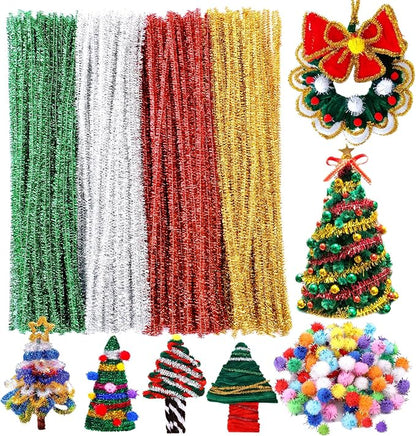 200 Pieces Pipe Cleaners, Christmas Glitter Pipe Cleaners, Pipe Cleaners Chenille Stem with 100 Pom Poms, Craft Pipe Cleaners for Creative Christmas Decoration Supplies Arts and Crafts Project