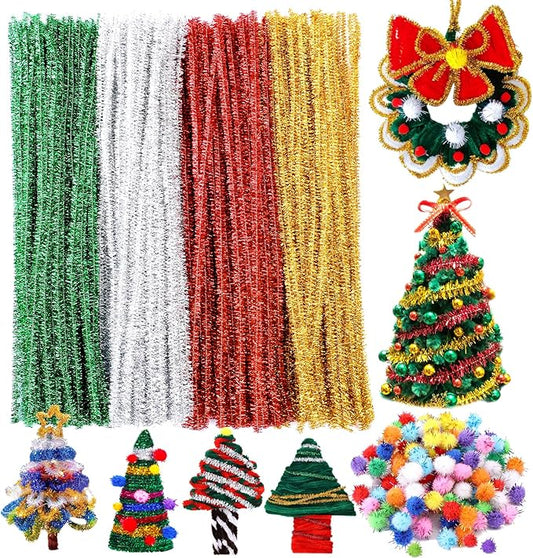 200 Pieces Pipe Cleaners, Christmas Glitter Pipe Cleaners, Pipe Cleaners Chenille Stem with 100 Pom Poms, Craft Pipe Cleaners for Creative Christmas Decoration Supplies Arts and Crafts Project
