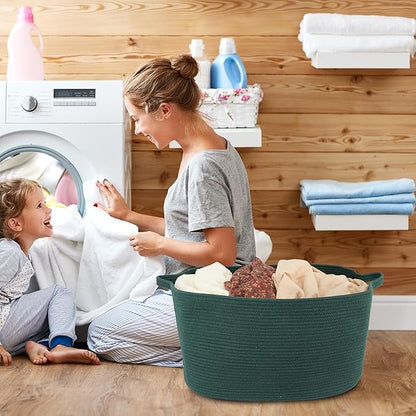 XUANGUO Large Rectangle Blankets Basket Living Room 22"x17"x12" Woven Cotton Rope Storage Basket for Nursery Toy Baskets for Kids and Dogs Wicker Laundry Baskets Bin for Clothes Towels dark green