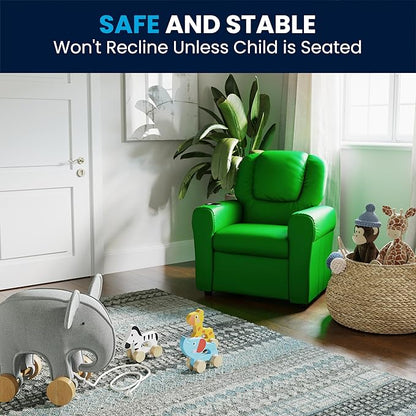 Flash Furniture Vana Vinyl Kids Recliner with Cup Holder, Headrest, and Safety Recline, Contemporary Reclining Chair for Kids, Supports up to 90 lbs., Green