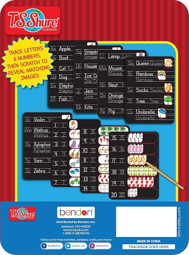 Bendon TS Shure ABC and 123 Alphabet Letters and Numbers Counting Educational Learning Tin with 8 Scratchboards and Wooden Stylus Pre-School Kindergarten Education 51477