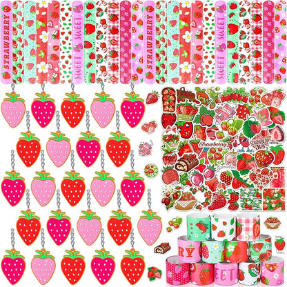 98 Pieces Strawberry Party Favors Include Sweet Berries Slap Bracelets Stickers Keychains for Berry Birthday Party Supplies Sweet One Party Summer Fruit Goodie Bag Fillers