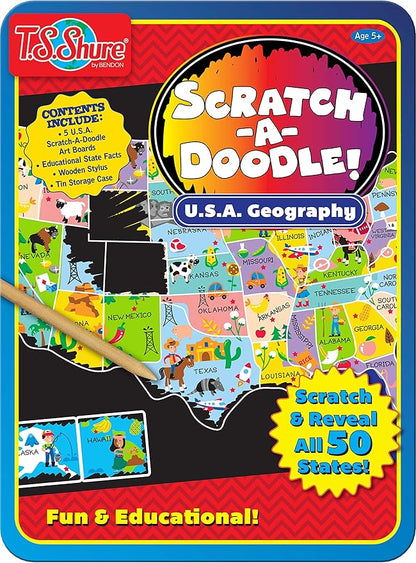 Bendon TS Shure Educational Scratch-A-Doodle United States USA Geography Learning Tin with 5 Scratchboards and Wooden Stylus 51474
