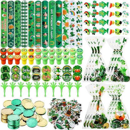 218 Pcs St. Patrick's Day Accessories Party Favors for Kids Include Gift Bag Slap Bracelet Badge Sticker Stamper Ring Hand Clapper Coin, St. Patrick's Day Gifts Irish Party Supplies