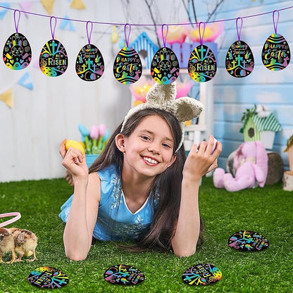 BeYumi 60Pcs Easter Eggs Scratch Cards for Kids DIY Magic Rainbow Color Craft Kit Paper Art Party Favors Christian Easter Eggs Resurrection Religious Sunday School Classroom Decorations Supplies Gifts