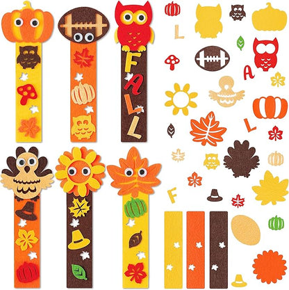 HubirdSall 24 Pack Fall Felt Bookmark Craft Kit, Make Your Own Thanksgiving Bookmarks with Football Turkey Pumpkin Owl Sunflower DIY Birthday Party Gift for Kids School Classroom Prize Art Activities