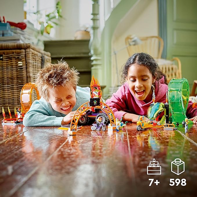 LEGO City Stuntz Double Loop Stunt Arena 60339, Monster Truck Playset with 2 Toy Motorcycles, Ramp, Wall of Flames, Ring of Fire, Snapping Snake Loop and 7 Minifigures, for Kids Ages 7 Plus