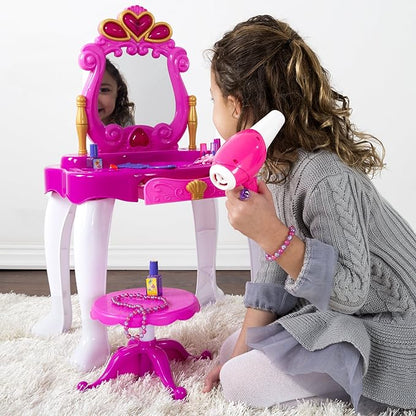 HEY! PLAY! Princess Pretend Play Kid Vanity with Stool – Functional Mirror with Lights and Sounds – Includes Fun Fashion and Makeup Accessories (Pink)