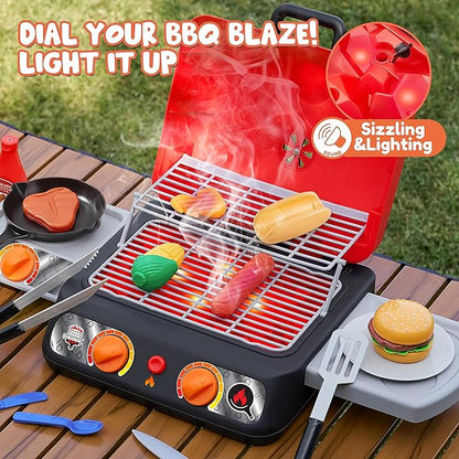 Kids BBQ Grill Playset, Kitchen Toy Set with Pretend Smoke, Light, Sound & Color-Changing Food, Play Kitchen Accessories, Indoor Outdoor Cooking Toy for Boys Girls Kids