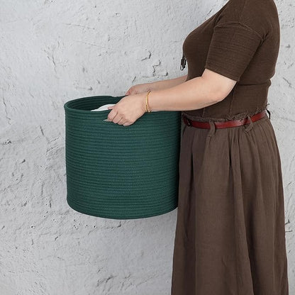 XUANGUO Cotton Rope Basket For Girls Boys Kids 16”X14” Baby Laundry Basket Nursery Bin Round Woven Baskets Organizer For Storage Toys Blankets Shoes Clothes dark green