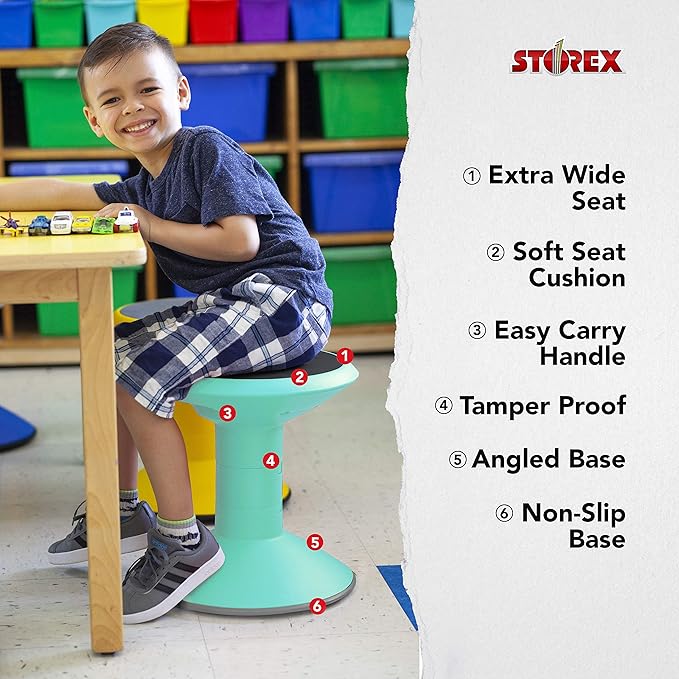 Storex Wiggle Stool – Active Flexible Seating for Classroom and Home Study, Adjustable 12-18 Inch Height, Teal (00306U01C)