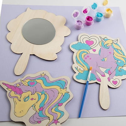 Idiy Paint Your Own Mirror Kids Party Craft Kits(12 Unicorn Friends Wood Mirrors w Paints)-Each Kit Has its Own Brush, Paint, & Project-Fun, Unique Birthday Favors, Classroom School Activity Gift