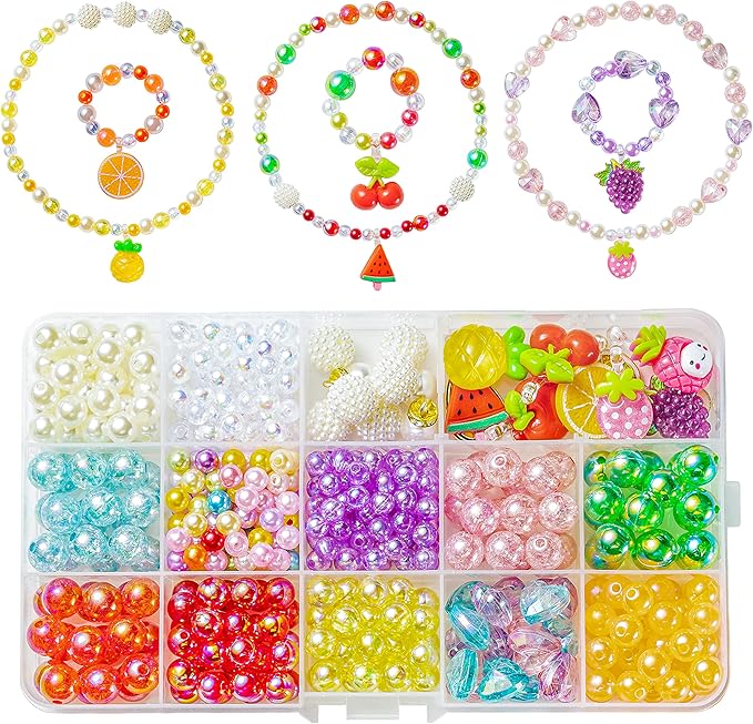 OSNIE Summer Fruit DIY Bead Jewelry Making Kit for Kids Girls Watermelon Strawberry Orange Pineapple Cherry Grape Apple Peach Avocado Charms Beads for Bracelets Rings Necklaces Beading Kits 400Pcs+