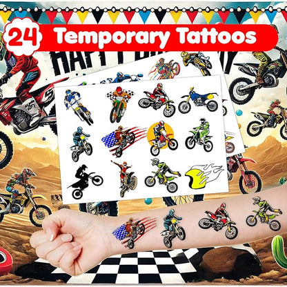 48PCS Dirt Bike Party Favors - 24PCS Tattoos & 24PCS Slap Bracelets, Motocross Bike Pattern, Ideal for Themed Birthday Parties, School Prizes, and Classroom Gift Exchange for Kids