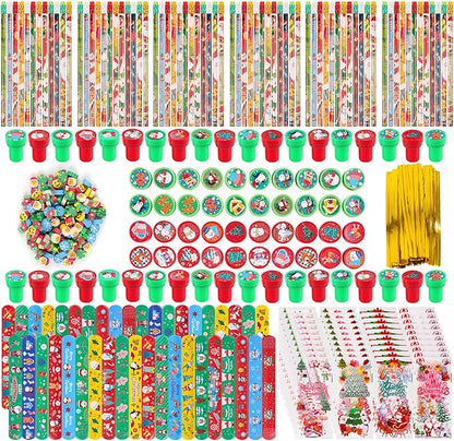360 Pieces Christmas Stationery Party Favors Bulk: Christmas Pencil Eraser Slap Bracelets Stamps Treat Bags for Kids Classroom Gift Exchange School Games Prizes Reward Prizes Carnival Events