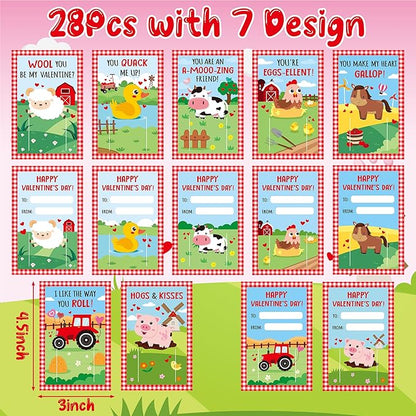 Haooryx Valentine's Exchange Gifts Bulk - 28 Pack Valentine's Day Farm Animal Slap Bracelets Inspired Greeting Cards Student Prize Activity Farmland Classroom School Kids' Multi-Item Party Favor Packs
