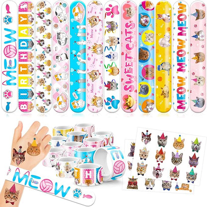 48PCS Cat Party Favors - 24PCS Tattoos & 24PCS Slap Bracelets - Kitty-Themed Birthday Supplies, Cute Decorations, Classroom Prizes, Gifts for Boys & Girls