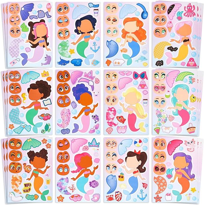 JOYIN 36 Pcs 9"x6" Mermaid Make a face Stickers for Kids, Make Your Own Mermaid Sticker Sheets, Party Favors Kids Crafts, Goodie Bags Stuffers, Classroom Rewards