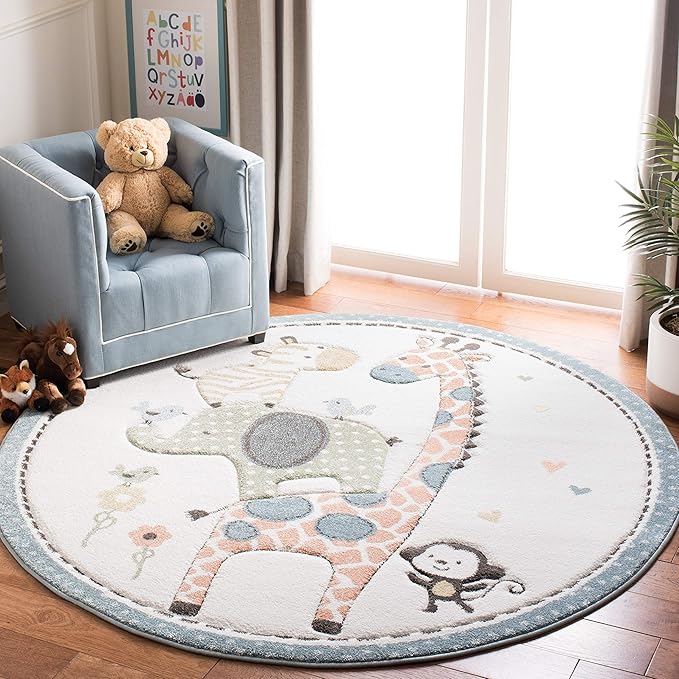 SAFAVIEH Carousel Kids Collection 8' Round Ivory CRK120A Animal Non-Shedding Nursery Playroom Area Rug