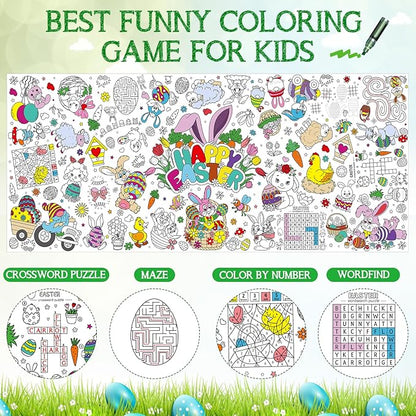 Easter Large Coloring Poster for Kids, Happy Easter Jumbo Coloring Paper Tablecloth, Bunny Eggs Color-in Craft Activities for Kids Easter School Classroom Home Party Supplies Decorations, 30 x 72 Inch