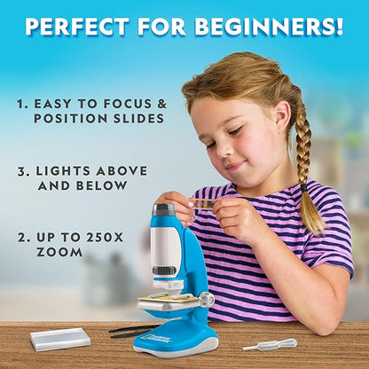 National Geographic Junior Microscope for Kids- Kit Includes Up to 250x Magnification Handheld Mini Attachment, 12 Slides, Lab Guide, Science Toy for Ages 6-12, STEM Project