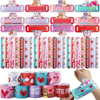 JOYIN 28 Valentine's Day Gifts Cards with Slap Bracelet, Animal Heart Snap Bracelet Wristband for Kids,Valentine's Party Favors, Valentine Classroom Exchange, Game Prizes