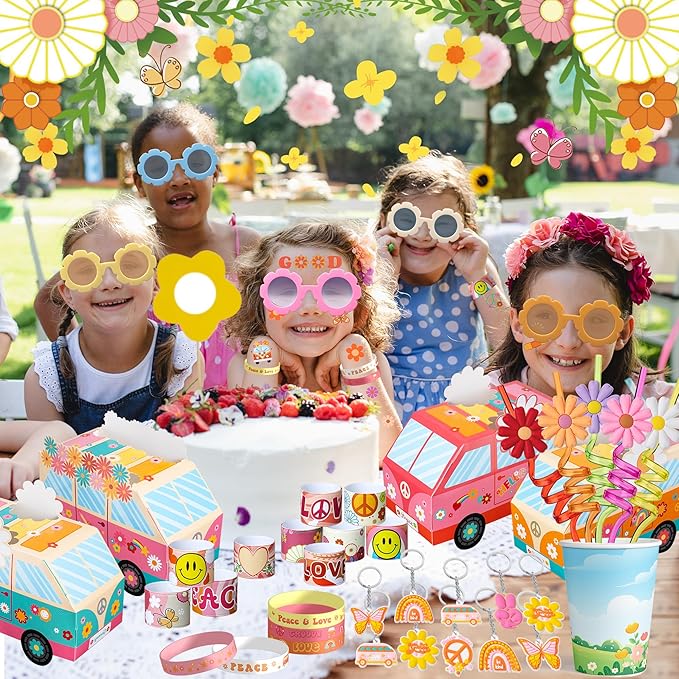 120PCS Groovy Party Favors,Includes Bus Boxes Retro Flower Sunglasses Temporary Tattoos Stickers Slap Bracelets Keychains Plastic Straws Silicone Bracelets For Boho Hippie Birthday Party