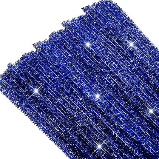 TOAOB 100pcs Christmas Glitter Pipe Cleaners Blue Metallic Pipe Cleaners Craft Supplies 6mm x 12 Inch Chenille Stems Pipe Cleaners for Art DIY Crafts Decorations