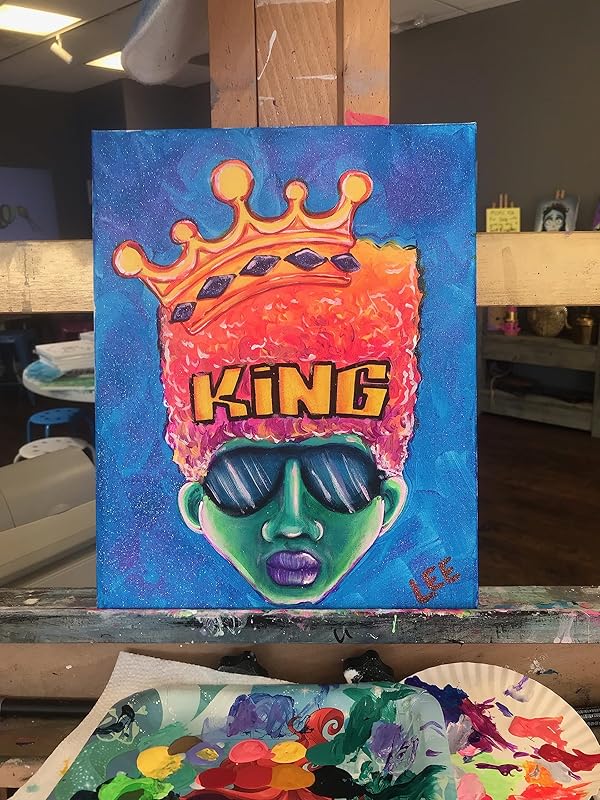 Indigo Art Studio Pre Drawn Canvas Paint Kit for Adults Kids Couples | Stretched & Stenciled | Art Activity | Afro King #2 Retro | DIY Birthday Gift & Sip and Paint With Twist Party Favor | 8x10