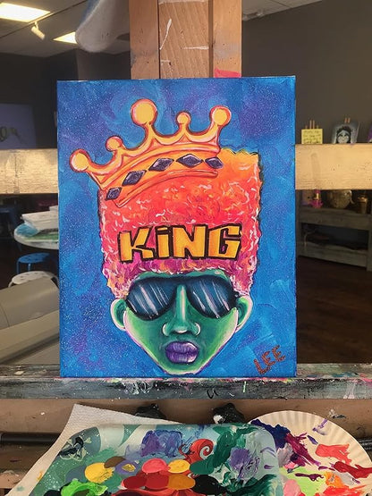 Indigo Art Studio Pre Drawn Canvas Paint Kit for Adults Kids Couples | Stretched & Stenciled | Art Activity | Afro King #2 Retro | DIY Birthday Gift & Sip and Paint With Twist Party Favor | 8x10