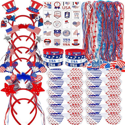 4th of July Patriotic Accessories for kids Including Glasses Necklaces Headbands Bracelets Tattoos for Fourth of July Party Decorations, Independence Day, Memorial Day