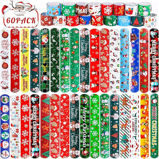 LUYI 60 PCS Christmas Slap Bracelets, Christmas Party Favors Toys for Kids Xmas Slap Wristbands Snap Bracelets Bulk for Christmas Stocking Stuffers Decoration Gifts Bag Filler