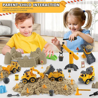 Asoxt Construction Sensory Playset - 43pcs Play Sand Art Kit- 2 lbs Sand,Sandbox,4 DIY Construction Trucks,Crane,Conveyor,8 Sand Molds,6 Figures,12 Road Signs - Ideal Toy for Boys & Girls Ages 3+