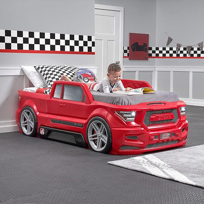 Step2 Turbocharged Twin Size Truck Car Bed, Car Bed for Boys & Girls, Working Headlights & Built-In Storage, Made of Durable Plastic, For Toddlers 3+ Years Old, Vibrant Red