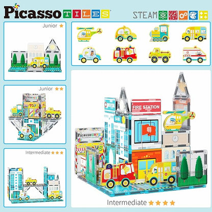 PicassoTiles Magnetic Building Blocks Metro City Town Hospital Theme Toddler Magnet Toys Tiles Play Set with 8 Vehicle Train Truck Character Action Figures STEAM Learning Educational For Ages 3+ PTQ14